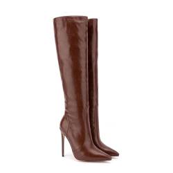 GZHMMAN High Heels Boots Kniehohe Stiefel Damen Stilettos Spitze Zehen Seitlicher Reißverschluss Lange Stiefel Partykleid Pumps 12Cm,Brown12CM,44 von GZHMMAN