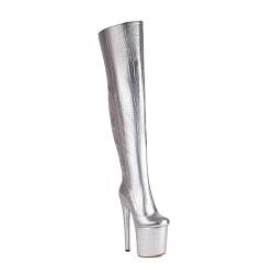 GZHMMAN Spitze Damenspitze Overknee-Stiefel Oberschenkelstiefel Klobige Absätze Lackleder Wasserdichte Plattform Seitlicher Reißverschluss Hohe 20 Cm,Silver,39 von GZHMMAN