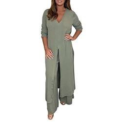 Hosenanzug Damen Lässiger 2-Teiler Anzug Mit Langem Chiffon Top & Passender Hose, 2-teiliges Damen-Outfit Mit V-Ausschnitt, Geschlitztem Saum, Langer Bluse Und Hose Mit Weitem Bein (Green, XXXXXL) von GZYshoyao