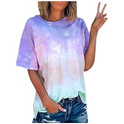 Tshirt Damen Tie Dye T-Shirt Damen Bunt Batik Shirt Rundhals Kurzarm Bluse Oberteil Farbverlauf Frauen Mode Farbverlauf Longshirt Sommer Tops Lang Oversize Tee Tshirt Große Größen (E-Blue, S) von GZYshoyao