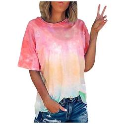 Tshirt Damen Tie Dye T-Shirt Damen Bunt Batik Shirt Rundhals Kurzarm Bluse Oberteil Farbverlauf Frauen Mode Farbverlauf Longshirt Sommer Tops Lang Oversize Tee Tshirt Große Größen (E-Wine, XXXL) von GZYshoyao