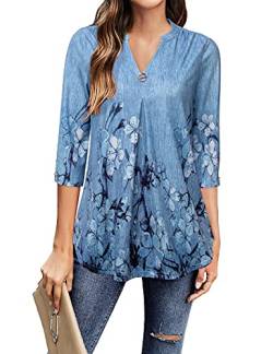 Gaharu Blumenmuster Damen Oberteil Sommer Elegant Locker Lang Bunt Moderne Blusen Damen Feierlich Bluse Faltenbluse Classy Floral Blouse Women Casual Business Shirt Longoberteile Blaue Blumen,XXXL von Gaharu