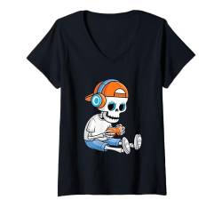 Damen Halloween Skelett Gamer Video Gaming Jungen Herren Kinder T-Shirt mit V-Ausschnitt von Gamer Skeleton Headphones Funny Gaming Skeleton