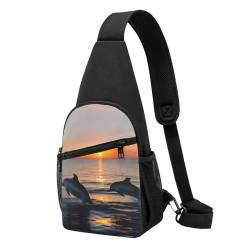 GaxfjRu Sunset Dolphins Crossbody-Rucksack – vielseitige Brusttasche, Freizeit und Reisen, ergonomische Schultertasche mit doppelseitigem Design, Schwarz , Einheitsgröße von GaxfjRu