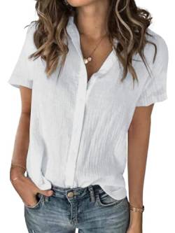 GeGekoko Bluse Damen Sommer Baumwolle Leinenhemd Kurzarm Oberteile V-Ausschnitt Knopf Blusen Elegant Shirts Tops.Weiß.L von GeGekoko