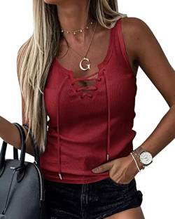 GeGekoko Damen Sexy V-Ausschnitt Tank Shirts Top Ärmellos Casual Basic Rippstrick Tops Mit Kordelzug Weinrot XL von GeGekoko