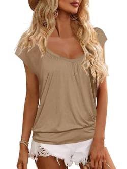 GeGekoko Damen T-Shirt V-Ausschnitt Kurzarm Oberteil Lose Banded Bottom Shirt Sommer Plissee Tops (Khaki, XXL) von GeGekoko