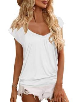 GeGekoko Damen T-Shirt V-Ausschnitt Kurzarm Oberteil Lose Banded Bottom Shirt Sommer Plissee Tops (Weiß, XXL) von GeGekoko