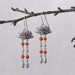 Chinesische Art Ohrringe Eardrop S925 Silber Vintage Silber Ohrringe Weibliche Ethnische Stil Mode Pfingstrose Süd Rot Achat Perle Quaste Ohrringe, GeRRiT, Wie Gezeigt von GeRRiT