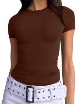 Damen Basic T-Shirt Stretch Eng Kurzarm Rundhalsausschnitt Sommer Oberteil Slim Fit Y2K Top (Braun, S) von Geagodelia