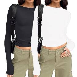 Geagodelia 2er Pack Damen Basic Langarmshirt Set Eng Rundhalsausschnitt Stretch Langarm Oberteil Teenager Mädchen Y2K Crop Top Clothes (Schwarz/Weiß, M) von Geagodelia