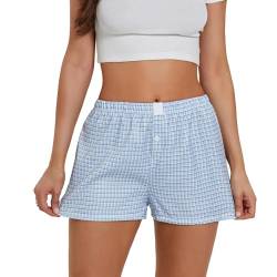 Geagodelia Damen Karierte Pyjama Shorts Boxershorts Sexy Sommer Schlafshorts Kurze Hose Leichte Pyjamahose Schlafhose Y2k Lounge Shorts (B - Hellblau, M) von Geagodelia