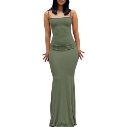 Geagodelia Damen Lange Partykleid Sexy Spaghetti/Langarm Sommerkleid Maxikleider Elegante Sommer Kleider Y2k Aesthetic Clothes Outfit Skims Dupes Dress (A - Grün, S) von Geagodelia