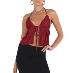 Geagodelia Damen Spaghetti Tank Top Trägertop Sexy Ärmellose Spaghettiträger Oberteil Trägershirt Y2k Aesthetic Clothes Sommer Outfit Rückenfreies Crop Tops Camisole (Neckholder - Rot, M) von Geagodelia