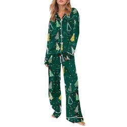 Geagodelia Damen Weihnachts Schlafanzug Pyjama Set Lange Weihnachten Lounge Loungewear Hausanzug Pyjamahose + Pyjama-Oberteile Zweiteiler Nachtwäsche Herbst Winter Pjs (A - Türkis Weihnachtsbaum, S) von Geagodelia