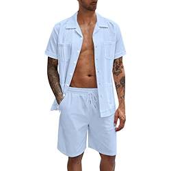 Geagodelia Herren Sommer 2 Teilig Leinenanzug Kurzarm Button Down Shirt + Drawstring Shorts Lose Strand Set Anzüge (Azurblau, L) von Geagodelia