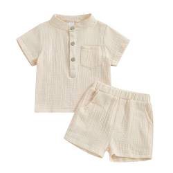 Geagodelia Musselin Baby Junge Kleidung Set Kurzarm Stehkragen T-Shirt Oberteil und Shorts Bekleidungssets für Kleinkinder Jungen Baumwolle Sommer Outfits (Beige, 3-4 Jahre) von Geagodelia