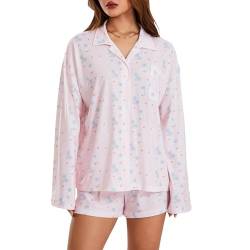 Geagodelia Pyjamas Damen Lounge Set Y2K Langarm Erdbeer Druck Turn-Down Kragen Button Up Tops und Hosen 2 Stück Nachtwäsche Loungewear Outfits (B Rosa, M) von Geagodelia