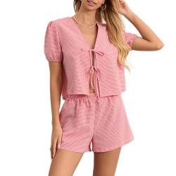 Geagodelia Zweiteiler Damen Sommer Kurzarm Kariert Bluse und Shorts Anzug Set Elegant Kurz 2 Teiler Hose und Oberteil Strand Outfit Leicht Locker Hosenanzug (Kariert Rot, L) von Geagodelia