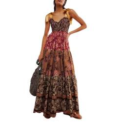 Maxikleid Damen Sommer Boho Kleid A-Linie Blumenmuster Elegant Langes Sommerkleid Leicht und Luftig Strandkleid mit Taschen Party Outfit (Braun, S) von Geagodelia