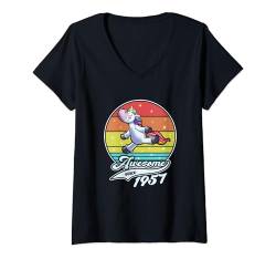 Damen Geburtstag Mädchen Damen Awesome since 1957 Einhorn Unicorn T-Shirt mit V-Ausschnitt von Geburtstag Jahrestag Spruch Einhorn Unicorn