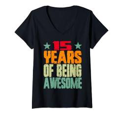 Damen 15 Jahre fantastischer Retro-Vintage-11-Jahre-Geburtstag T-Shirt mit V-Ausschnitt von Geburtstagsdesigns für Kinder, Mädchen, Jungen