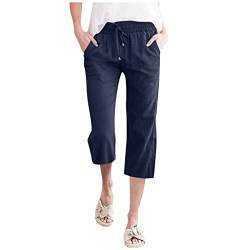 Gefomuofe Hose Damen Leinen Sommerhose 7/8 Sommer Casual Baumwolle Leinen Stoffhose Einfarbig Freizeithose Stretch Leicht Leinenhose Straight Hose und Taschen von Gefomuofe