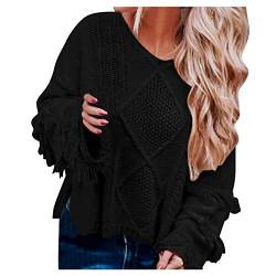 Geili Damen Langarm Pullover Einfarbig V-Ausschnitt Franse Strickshirt Loose Longsleeve Sweater Herbst Winter Freizeit Schulterfrei Pulli Bluse Tops Langarmshirt Oberteile von Geili Damen