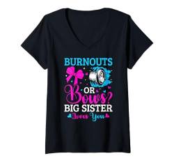 Damen Gender Reveal Party Burnouts oder Bögen Große Schwester in Rosa oder Blau T-Shirt mit V-Ausschnitt von Gender Reveal Baby Shower Family Matching