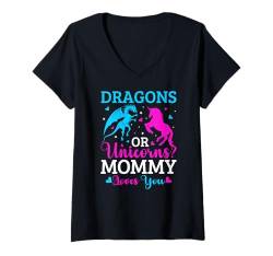 Damen Gender Reveal Party Drachen oder Einhörner Rosa oder Blau Mama T-Shirt mit V-Ausschnitt von Gender Reveal Baby Shower Family Matching