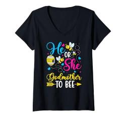 Damen Gender Reveal Party Er oder Sie, Patin der Biene, Rosa oder Blau T-Shirt mit V-Ausschnitt von Gender Reveal Baby Shower Family Matching