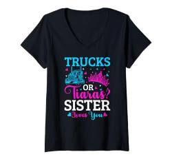 Damen Gender Reveal Party Trucks oder Diademe rosa oder blaue Schwester T-Shirt mit V-Ausschnitt von Gender Reveal Baby Shower Family Matching