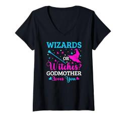 Damen Gender Reveal Party Wizard Witches Patin, rosa oder blau T-Shirt mit V-Ausschnitt von Gender Reveal Baby Shower Family Matching