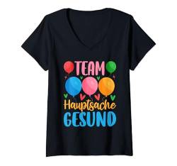 Damen Team Hauptsache Gesund - Gender Reveal T-Shirt mit V-Ausschnitt von Gender Reveal Party team hauptsache gesund