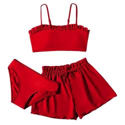 3 Teiliges Mädchen Bikini Sets Einfarbig Badeanzug Verstellbare Bikini Oberteil+Triangel Bikinihose+Kurz Shorts Sommer Strand Schwimmanzug Bademode Badebekleidung für 8-16 Jahre (Rot, 8-10 Jahre) von Generic