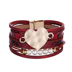 Armband Für Mit Namen Damen Manschette Armband Set Mehrschichtiges Wickelarmband Kristall Schlangenmuster Herz Armband Magnetverschluss Armband Armbänder Mit Gravur Damen (Red, One Size) von Generic