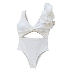 Badekleid Damen GroßE GrößEn Bauchweg Bikini Einfarbiger, sexy One-Shoulder-Badeanzug mit Rüschen und Hohlrücken Schwimmanzug Damen Geschlossene Sandalen Damen (White, S) von Generic