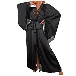 Bademantel Damen Lang Leicht - Morgenmantel Damen Satin-Kimono Langarm Spitze-Saunamantel Große Größen Schlafanzüge Mit String Nachtwäsche Robe Hausmantel Mit Gürtel Für Braut,Party,Hochzeit von Generic