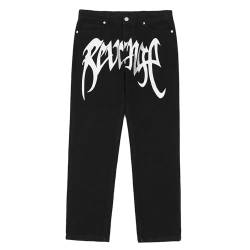 Baggy Jeans Herren Y2K mit Print Hip Hop Baggy Gerades Bein Gewaschene Jeans Vintage Pants Breite Hose mit Schrift Vorne, Baggy Loose Fit Schwarz Jeanshose Hosen Freizeithose für Jungs Männer von Generic