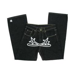 Baggy Jeans Herren Y2K mit Print Hip Hop Baggy Star Cargo Jeans Pants Breite Hose mit Schrift Vorne, Baggy Loose Fit Schwarz Jeanshose Straight Leg Gewaschene Vintage Denim Hosen für Jungs Männer von Generic