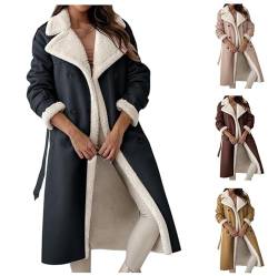 Baumwollmantel Damen Plush Warme Plüschjacke Umlegekragen Zweireihiger Fleecejacke Lange bis zur Wade Plüschmantel Einfarbig Winterjacke PU Mantel mit Taschen Elegant Rohe Kanten Jacke Übergangsjacke von Generic