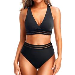 Bikini Damen Set, Bikini Damen High Waist Zweiteiler Elegant Mit Shorts High Waist Sommer Tankini Set Ohne Bügel Sexy Bauchweg Bikini Sport Bikini Damen Beach Brazilian Style (Schwarz,XL) von Generic