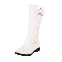 Boots Damen Westernstiefel Damen SchnüRsenkel Damen süße Mode Schleife einfarbig Flache runde Zehe quadratische Ferse mittlere Lange Stiefel im Schuhe Gummistiefel Damen Schuhe Boots Mode (White, 40) von Generic