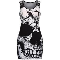 Cocktailkleid Damen T-Shirt Kleid Sexy Totenkopf Minikleid Kurzarm Mini Sommerkleid Rundhals Ärmellos Longshirt Longtop Strand Partykleid Halloween Karneval Festliche Kleider von Generic