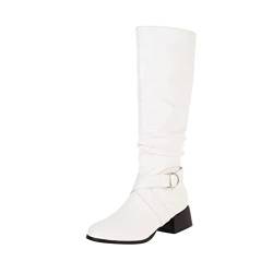 Cowboy Stiefel Damen Schwarz Motorrad Stiefel Hohe Stiefel Winter und Winter Damen Stiefel Jeans Stiefel Dicke Ferse Rundkopf Gürtelschnalle Hohe Stiefel Schwarz Winterstiefel Damen (White, 37) von Generic