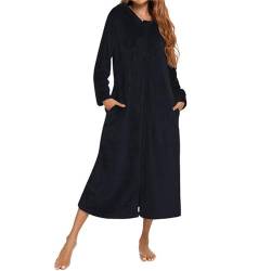 Damen-Bademantel aus Flanell, Reißverschluss vorne, volle Länge, Flanell, Fleece, Bademantel, Winter, warm, Hausmantel, Nachthemd, Nachtwäsche, Pyjama, weibliche Bademäntel, kurzer Plüsch, Schwarz , von Generic