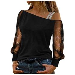 Damen Bluse T-Shirt Damen Langarm Sweatshirt Sexy Schulterfrei Shirt Bluse Glitzer Spitze Langarmshirt Frühling Sommer Oberteile Tunika Tops Elegant Hemdbluse Streetwear von Generic