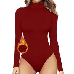 Damen Body Bodysuit Stehkragen Langarm Overall mit Rollkragen Jumpsuit Pullover Herbst T-Shirt Bodies Langarmshirt Slim Oberteil Elastisch Stilvoller Unterzieh-Body Tops (Z1115A-Red, XL) von Generic