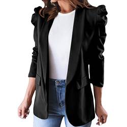 Damen Langarm Winter Herbst Revers Offene Vorderseite Einfarbig Geraffte Puffärmel Blazer für Frauen Business Casual Damen Anzug Jacke Damen Leichte Jacke Damen Blazer Jacken, Schwarz , 52 von Generic