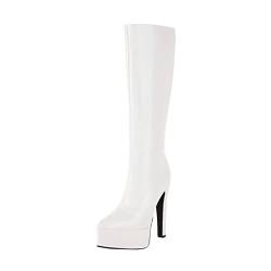 Damen Lange Stiefel Frauen Absatz Stiefel und Winter Mode neues Muster wies dünne Ferse Plattform Herren Schuhe Boots (White, 42) von Generic